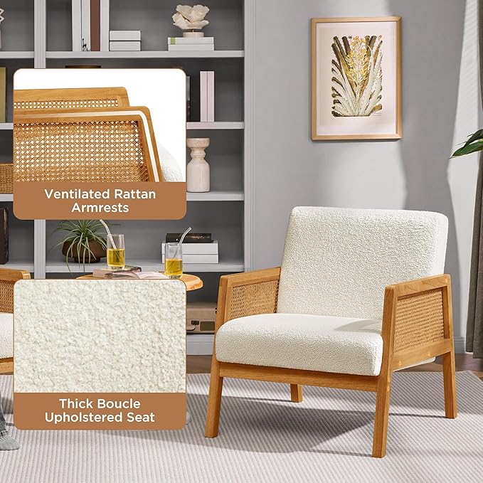Yaheetech Boucle Fabric Accent Chair, Vintage Rattan Vanity Chair - Image 9