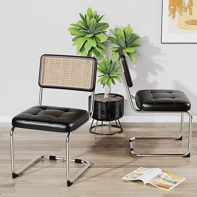 Rattan Dining Chairs Set of 2 Mid Century Modern Kitchen Chairs - Image 3