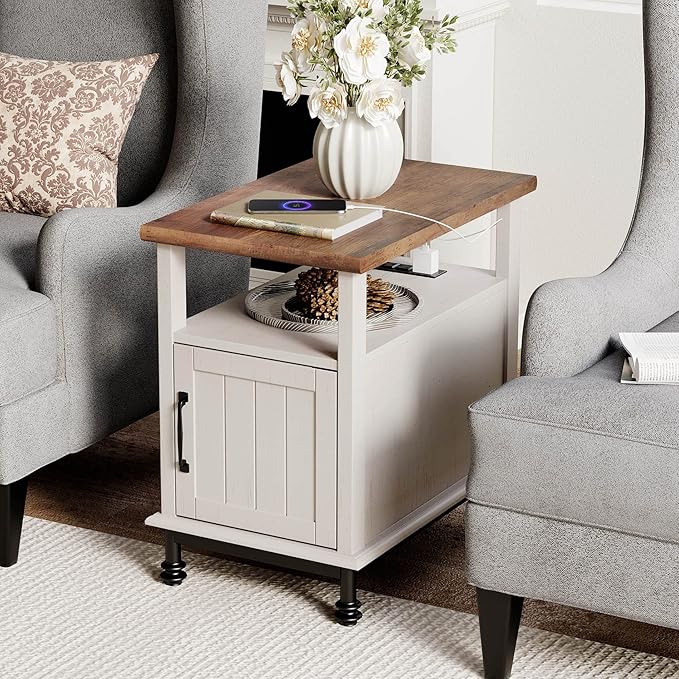 WAMPAT Narrow End Table with Charging Station, Farmhouse Side Table with Open by WAMPAT