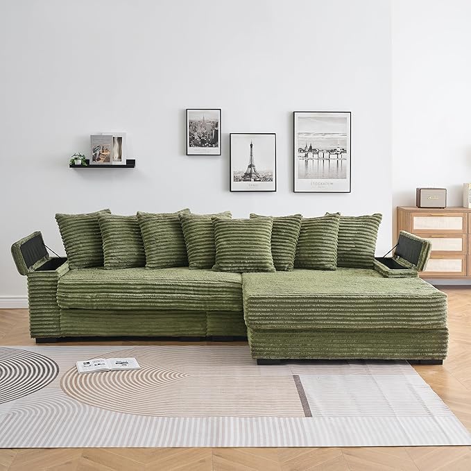 KEIKI 114" Corduroy Sofa with Cup Holders & Storage, L Shaped Sleeper Cloud - Image 6