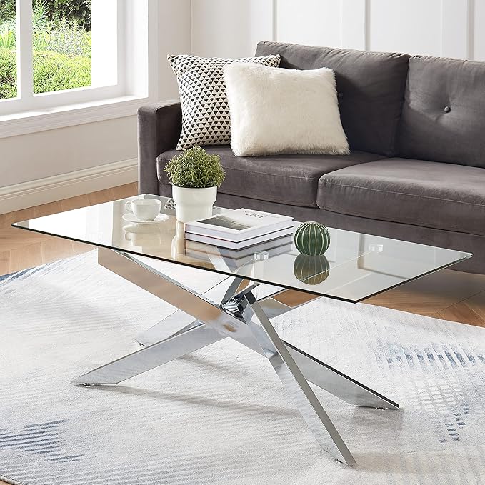 Rectangle Modern Coffee Table, Tempered Glass Top and Metal Tubular Leg by EdwinsChoice-ModernFurniture