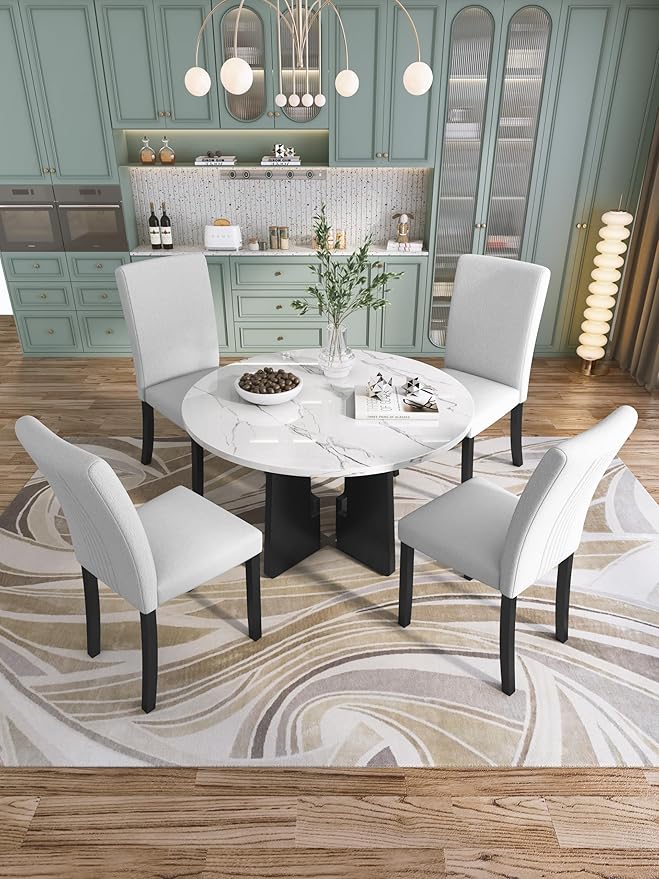Merax 5-Piece Round Dining Table Set, Modern 4 Upholstered Chairs - Image 7