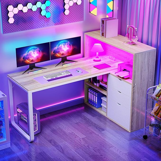 DWVO L Shaped Desk with Drawers, Home Office Desk with Storage Shelves by DWVO