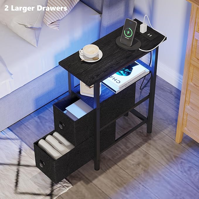 End Table Set 2 with Charging Station, Narrow Side Table with 2 Fabric Drawers - Image 6