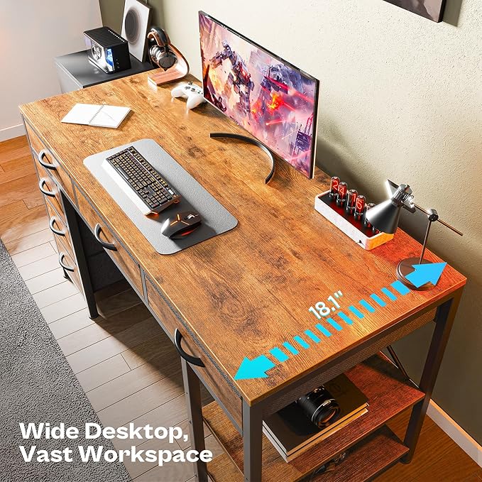 Huuger Computer Desk with 6 Drawers, 54 Inch Office Desk with Shelves, - Image 4