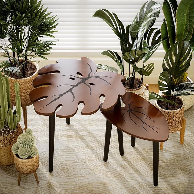 BAMEOS Monstera Leaf Nesting Tables Set of 2, Small Coffee Table Set - Image 6