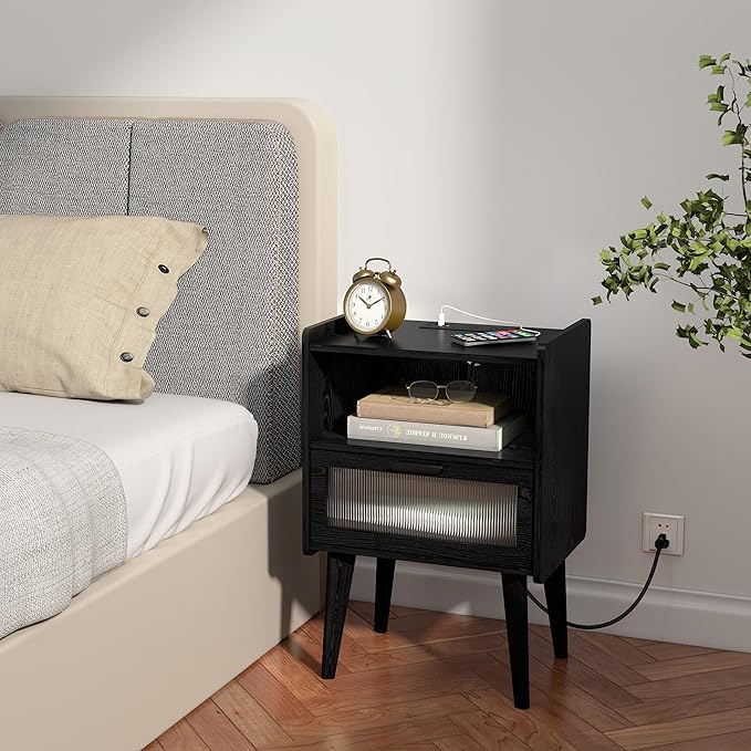 Nightstand with Charging Station, Bedside Tables with Glass Decorative Door - Image 2