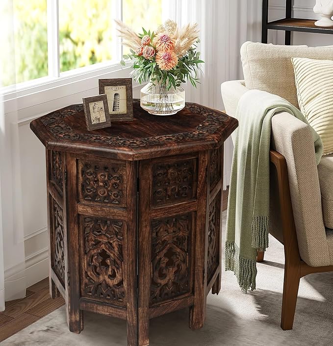 The Wooden Town End Tables for Living Room– Hand Carved Vintage Boho Folding by TheWoodenTown