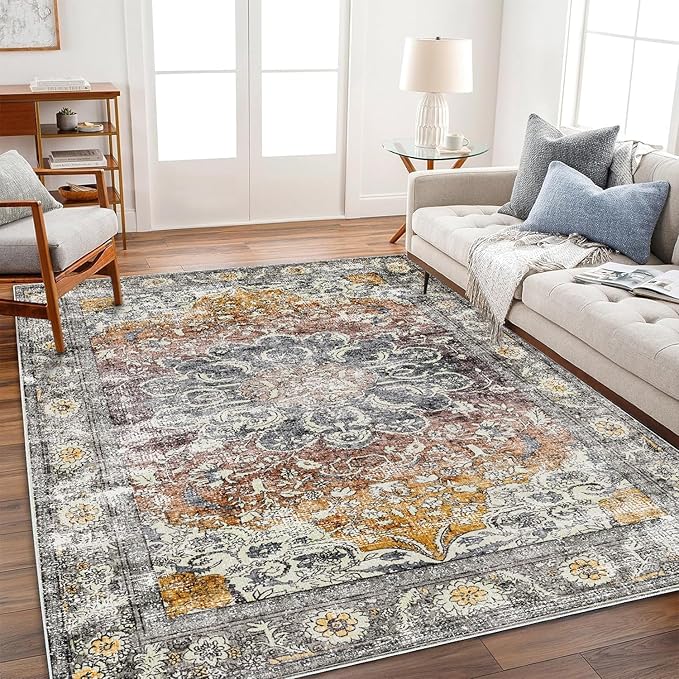 Area Rug 10x14 Washable Taupe Vintage Traditional Mat Distressed Indoor by CHAMPLANT