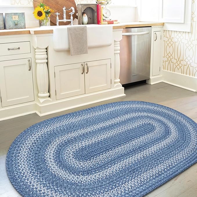 Homespice 20x30” Blue Oval Braided Rug. Denim Blue and White Jute Oval Rug. by Homespice