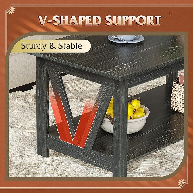 WLIVE Coffee Table with Storage Shelf, 39.4" Farmhouse Coffee Table with - Image 4