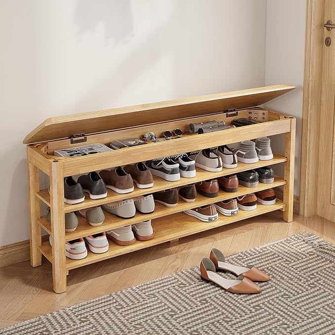 Shoe Rack Bench Seat Rubberwood 3-Tier Wooden Storage Bench 550lbs Compact by IUNVR