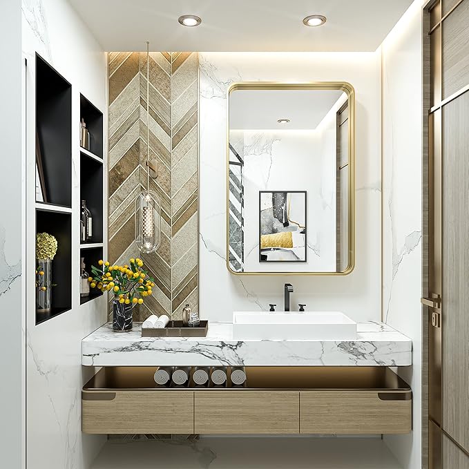 TokeShimi Gold Bathroom Mirror for Wall 24 x 36 Inch Metal Rounded Corner - Image 2