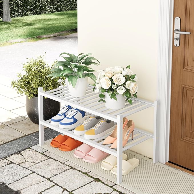 Smiry Shoe Rack, 2 Tier Thick Bamboo Shoe Organizer, Stackable Free Standing - Image 7
