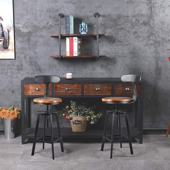Diwhy Industrial Bar Stools, Kitchen Dining Chair, Wood Top Stool, Adjustable - Image 9
