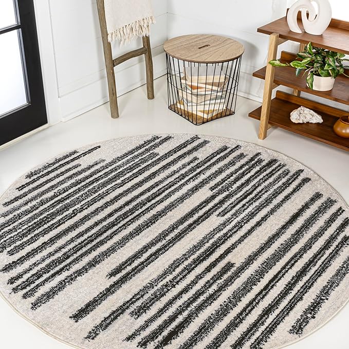 JONATHAN Y Khalil Modern Berber Stripe Cream/Black 9' Round Indoor Area Rug by JONATHANY
