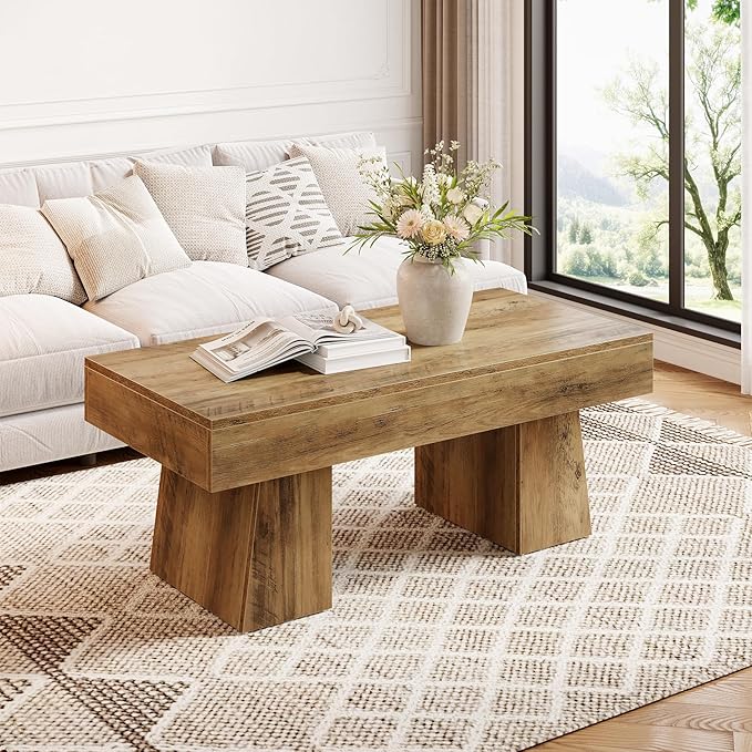 LITTLE TREE Farmhouse Coffee Table, 47 Inches Wooden Rectangular Accent Center by LITTLETREE