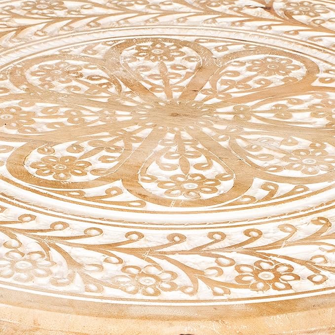 Wooden Table with 3 Legs Pillar, Carving End Tables, Round Coffee Tables - Image 4