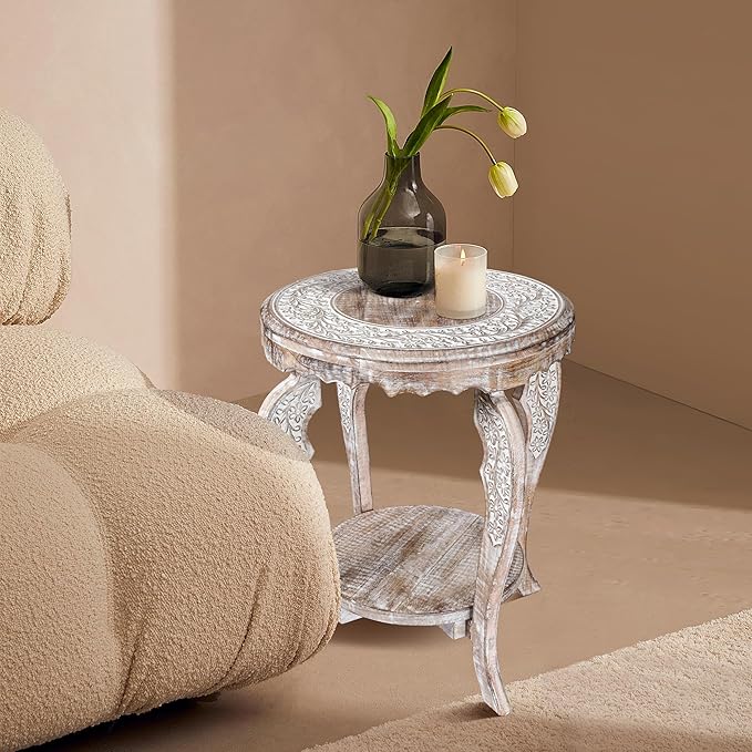 The Wooden Town Farmhouse Round Accent End Table, Rustic Side Table Nightstands - Image 7