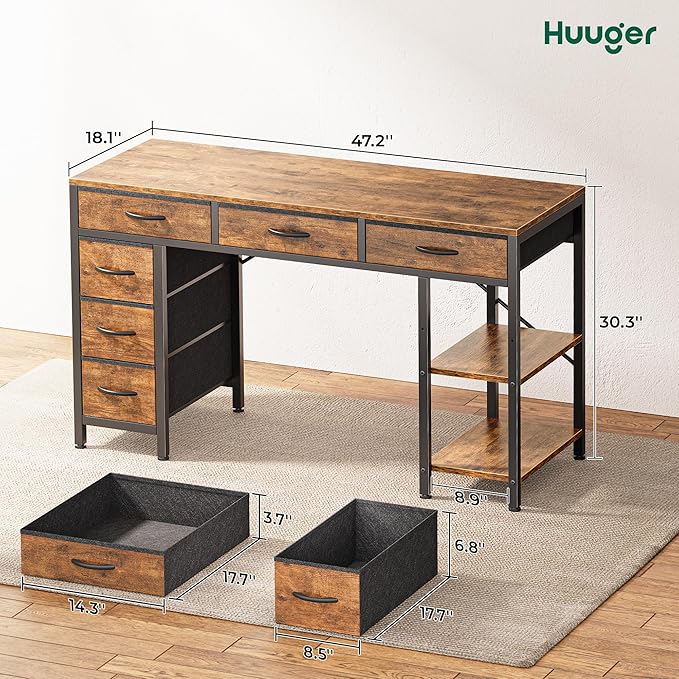 Huuger Computer Desk with 6 Drawers, 47 Inch Office Desk with Shelves, - Image 3