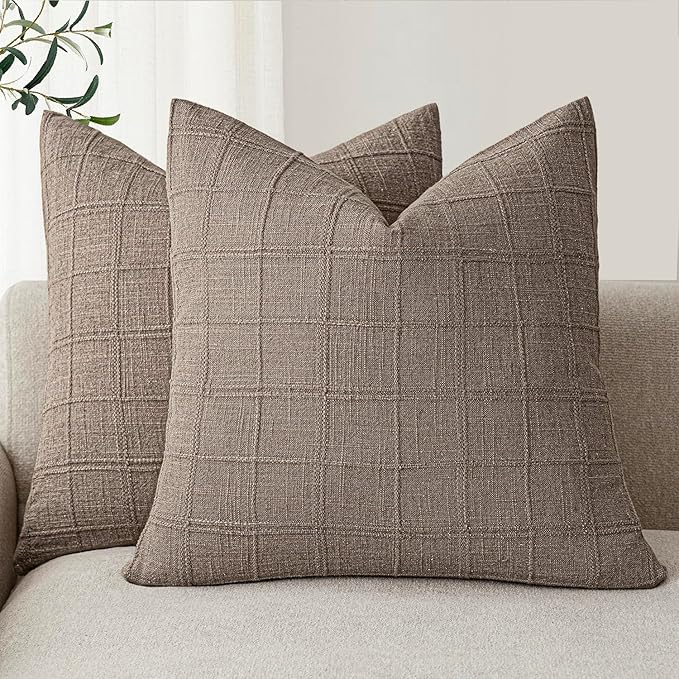 Foindtower Set of 2 Decorative Linen Check Throw Pillow Covers Neutral by Foindtower