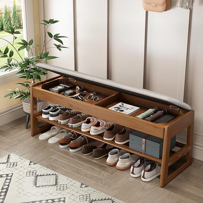 Shoe Rack Bench with Cotton-Linen Cushion 2-Tier Wooden Storage Bench 550lbs by IUNVR
