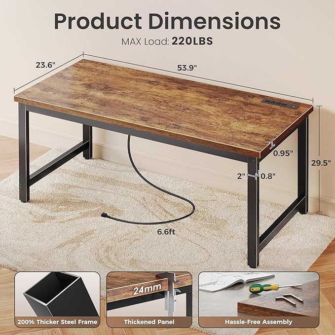 Huuger 55 x 24 inch Desk with Power Outlets & USB-C, Deeper & Thicker Desktop - Image 2