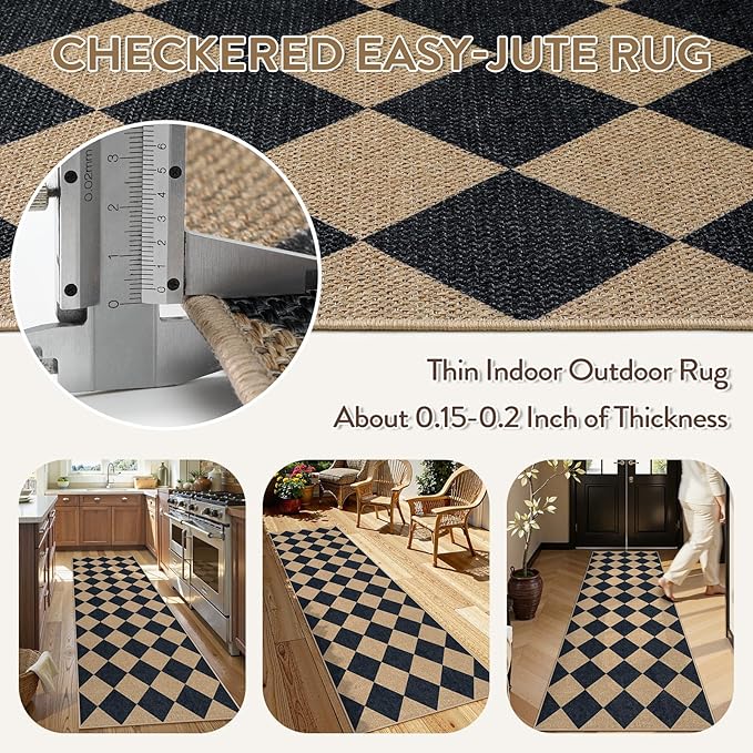 Lahome Checkered Easy Jute Runner Rug, 2x8 Hallway Kitchen Runner Rug Non Slip - Image 5