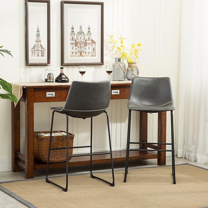 Roundhill Furniture Lotusville Vintage PU Leather Bar Stools, Antique Gray - Image 4