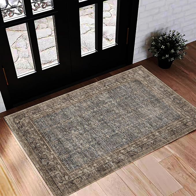 Washable Area Rug 2'x3' Door Mat Vintage Distressed Doormat Indoor Entrance by CHAMPLANT