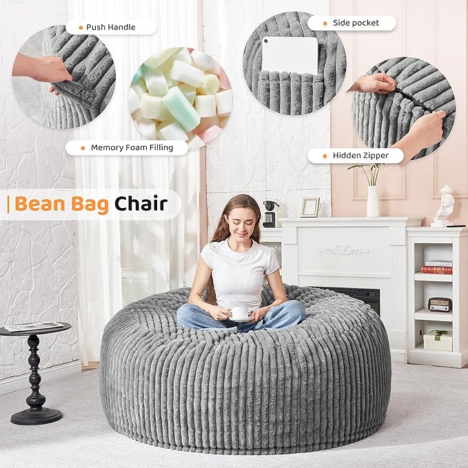HABUTWAY 4FT Bean Bag Chair, Memory Foam Beanbag Chair - Image 3