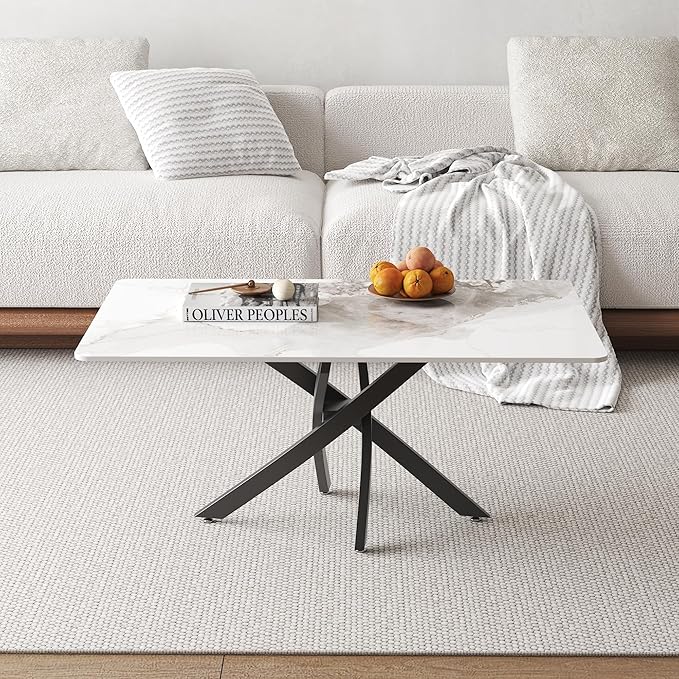 White Marble Coffee Table with Metal Legs, Rectangle Modern Sintered Stone - Image 4