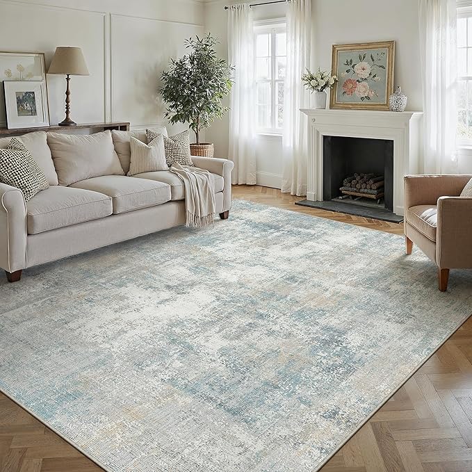 8x10 Washable Area Rug Blue Cream Modern Neutral Abstract Living Room Bedroom - Image 4