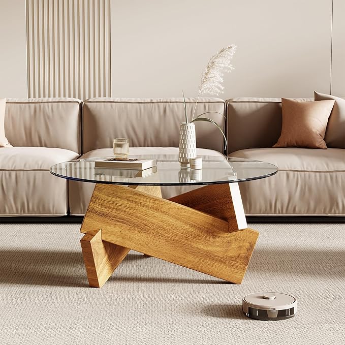 Honyee Morden Rounded Coffee Table, 30.7" x 30.7" x 16.1" Tempered Glass Top - Image 3