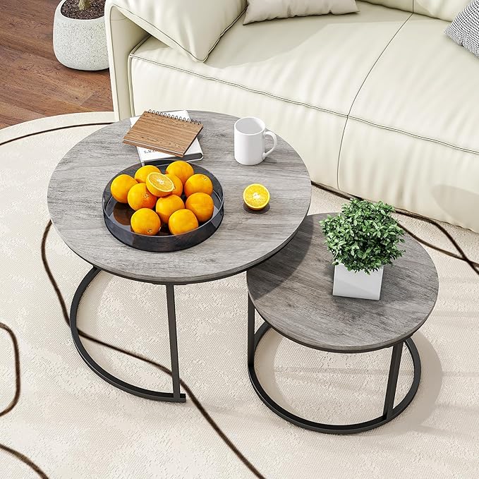 Nesting Round Coffee Table Set of 2 End Tables by HOJINLINERO