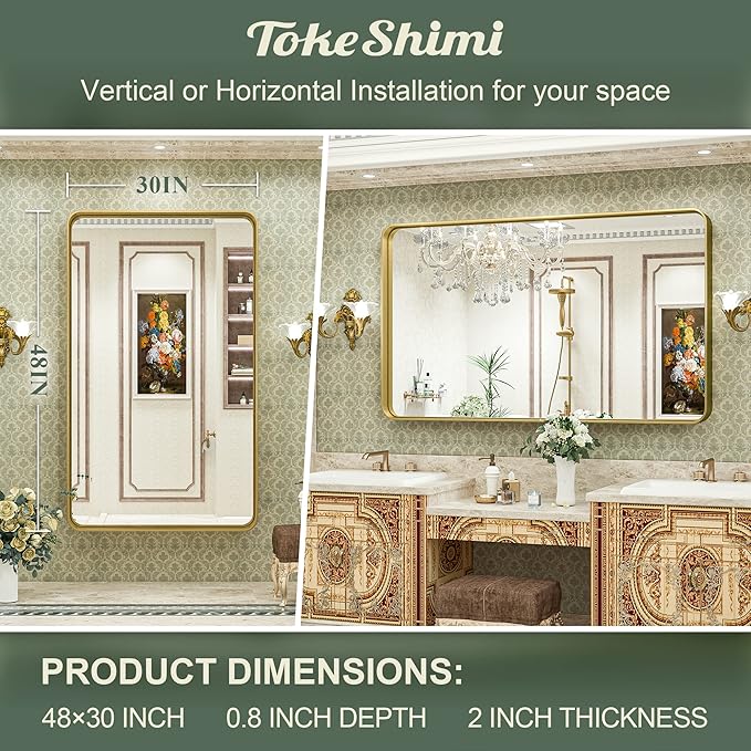 TokeShimi Gold Bathroom Mirror for Wall 48 x 30 Inch Metal Rounded Corner - Image 7