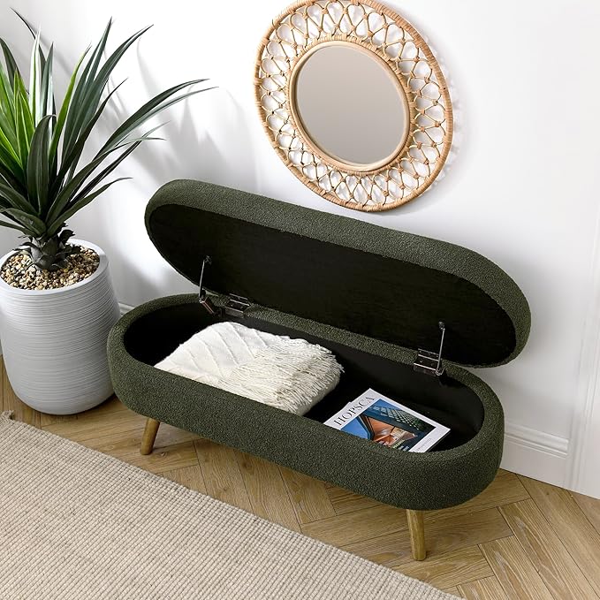 Oval Storage Bench 43.5" Linen Fabric Upholstered Entryway Bench - Image 4