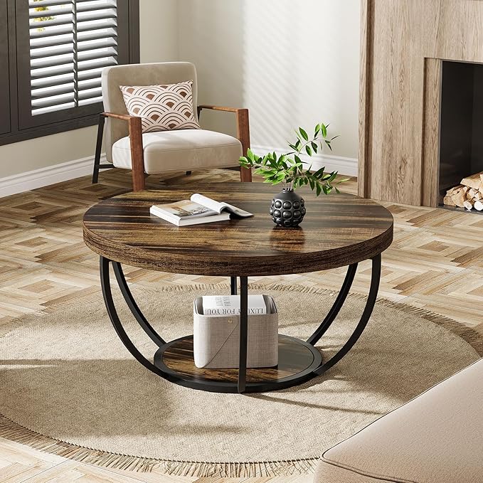 Tribesigns Round Coffee Table, 31.7" Wooden 2-Tier Circle Coffee Table - Image 5