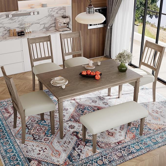 Merax 6-Piece Retro Dining Table Set, 6 Seats Wooden Rectangular Table - Image 2