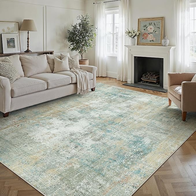 8x10 Washable Area Rug Teal Beige Modern Neutral Abstract Living Room Bedroom - Image 4