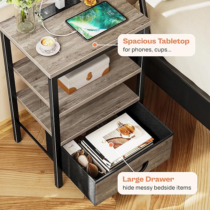 SUPERJARE Nightstand with Charging Station, Bed Side Table with Adjustable - Image 5