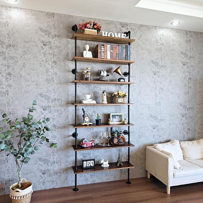 7 Tier Industrial Ladder Shelf Bookcase, Wall Mounted Rustic Bookshelf - Image 7