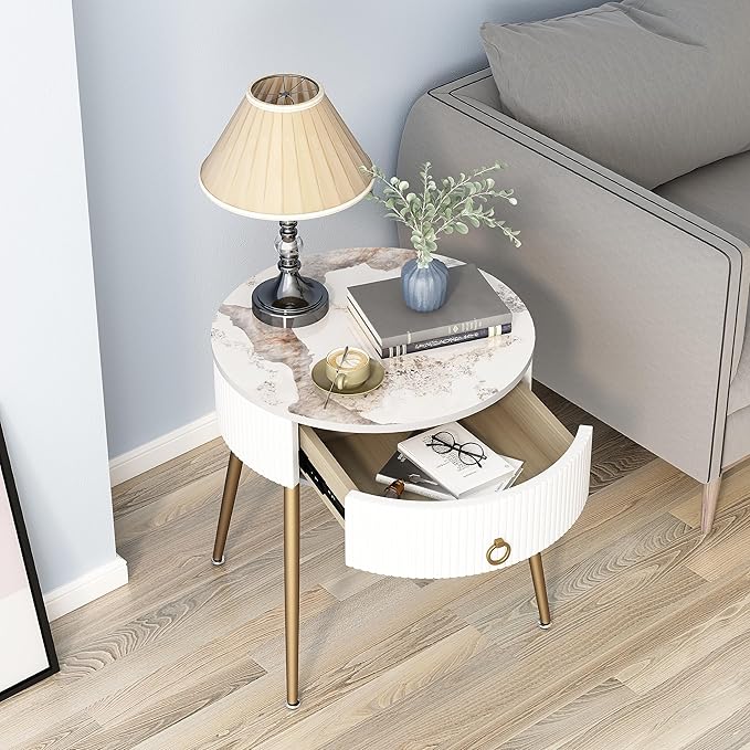 OIOG Round Nightstand with Drawer, Modern Side Table with Marbling Natural - Image 3