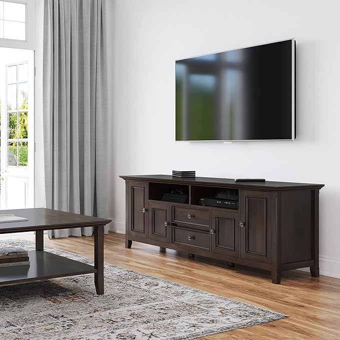 SIMPLIHOME Amherst 72-inch Wide Solid Wood TV Stand in Brunette Brown, - Image 2