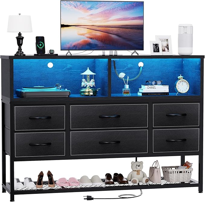 Black Dresser for Bedroom, 6 Drawers Led Dresser TV Stand by eiskah