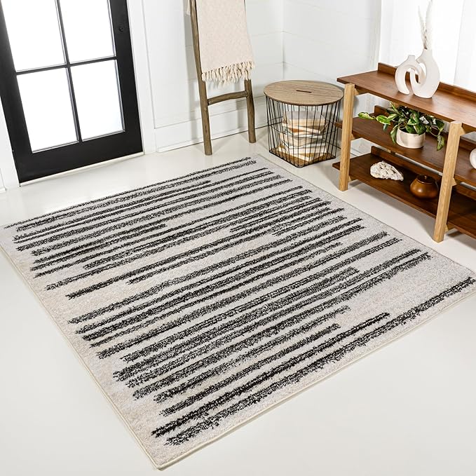 JONATHAN Y Khalil Modern Berber Stripe Cream/Black 3x3 Square Indoor Area Rug by JONATHANY