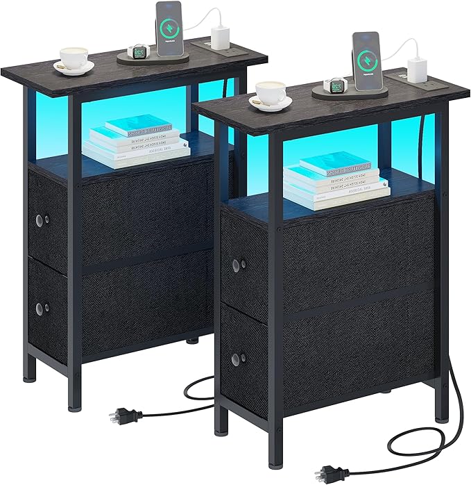 End Table Set 2 with Charging Station, Narrow Side Table with 2 Fabric Drawers by TRIFEBLE