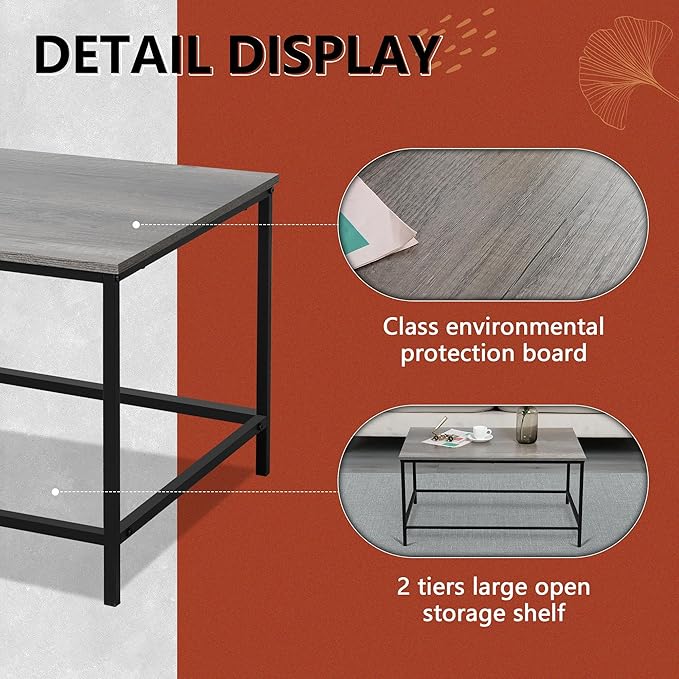 SENIG Small Coffee Table, Modern Industrial Style Rectangular Coffee Table - Image 5