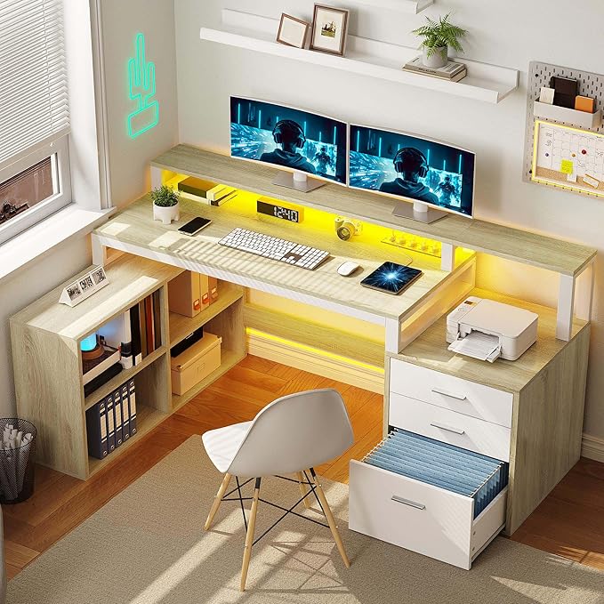 DWVO L Shaped Desk with Drawers, Corner Home Office Desk with Storage Shelves & by DWVO