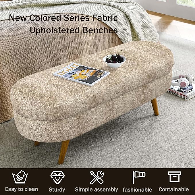 Oval Storage Bench 43.5" Linen Fabric Upholstered Entryway Bench - Image 4